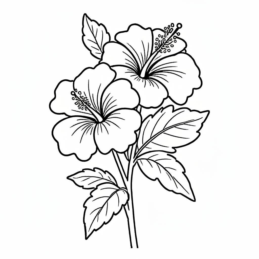 Desenho de flores de hibisco para colorir e desenhar.