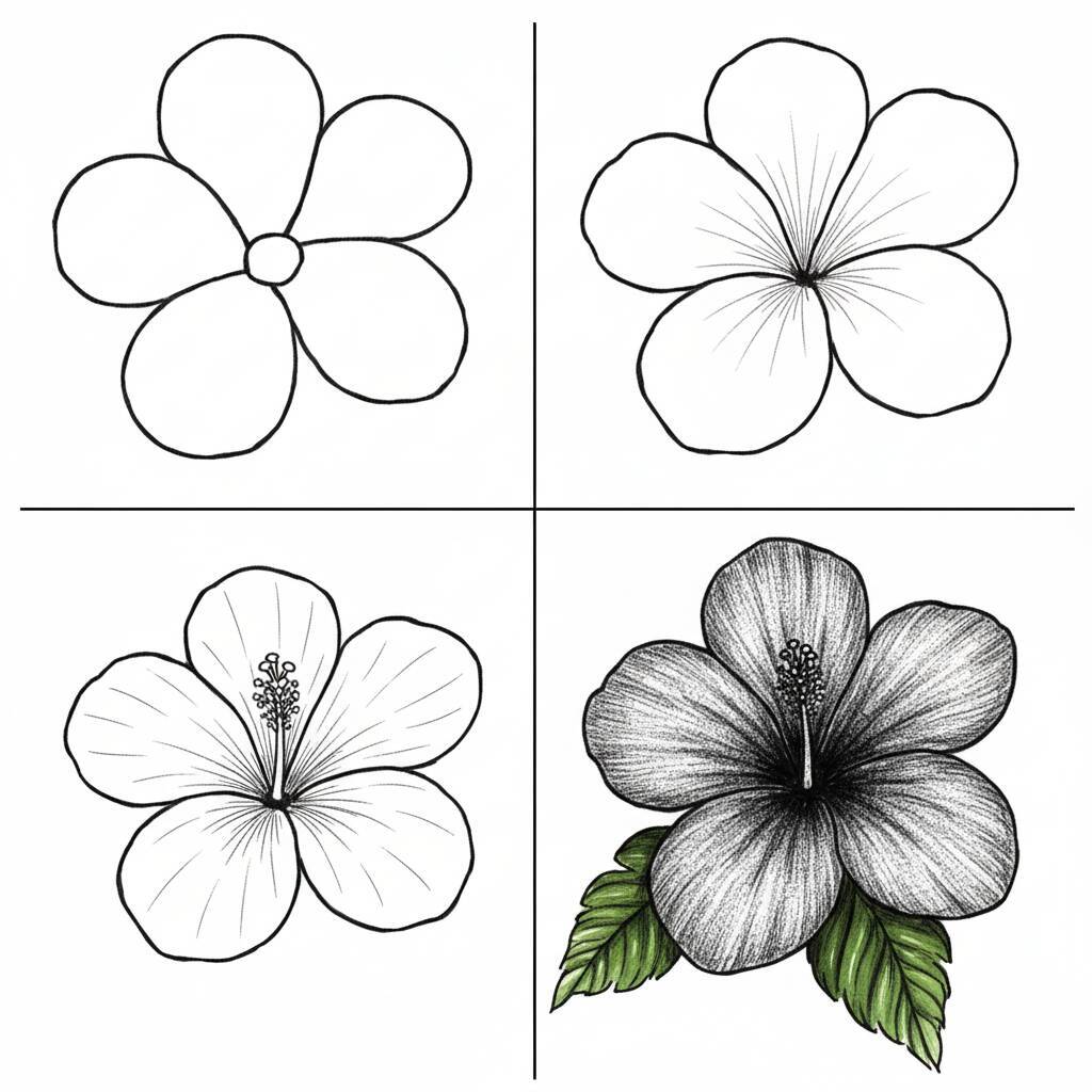 Desenho em preto e branco de flores de hibisco para colorir