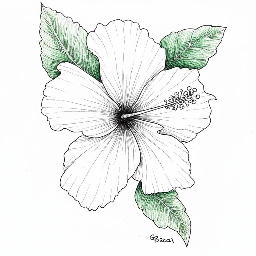 Desenho de uma flor de hibisco com folhas para colorir