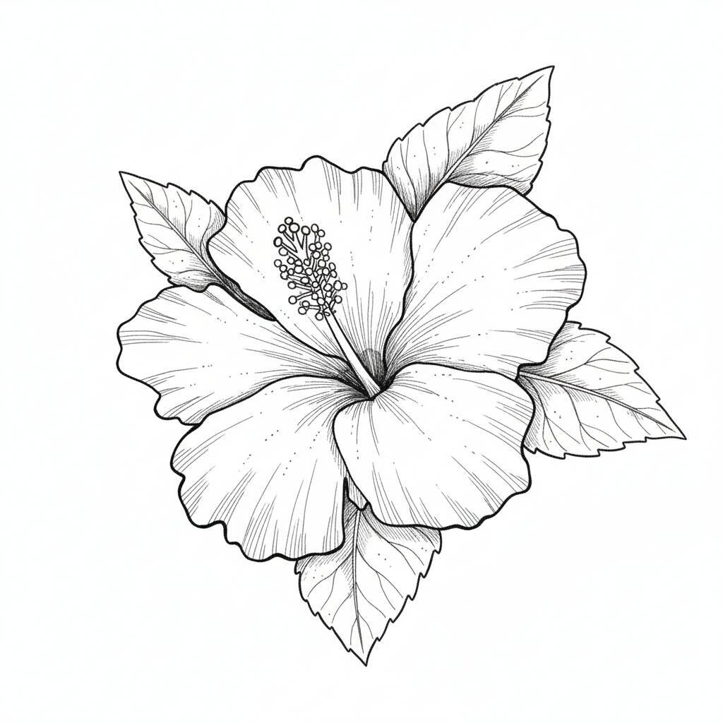 Desenho em linha de uma flor de hibisco com folhas