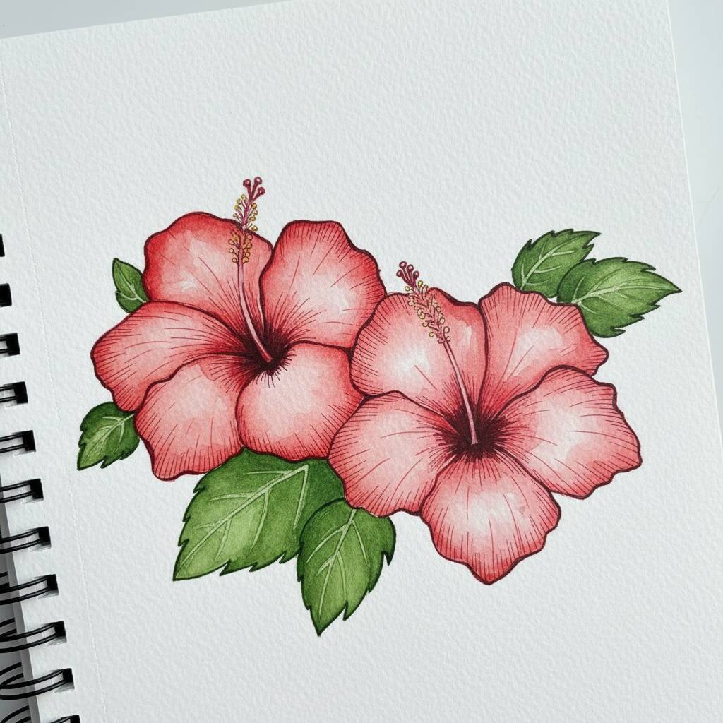 Desenho de flores de hibisco em um caderno de desenho