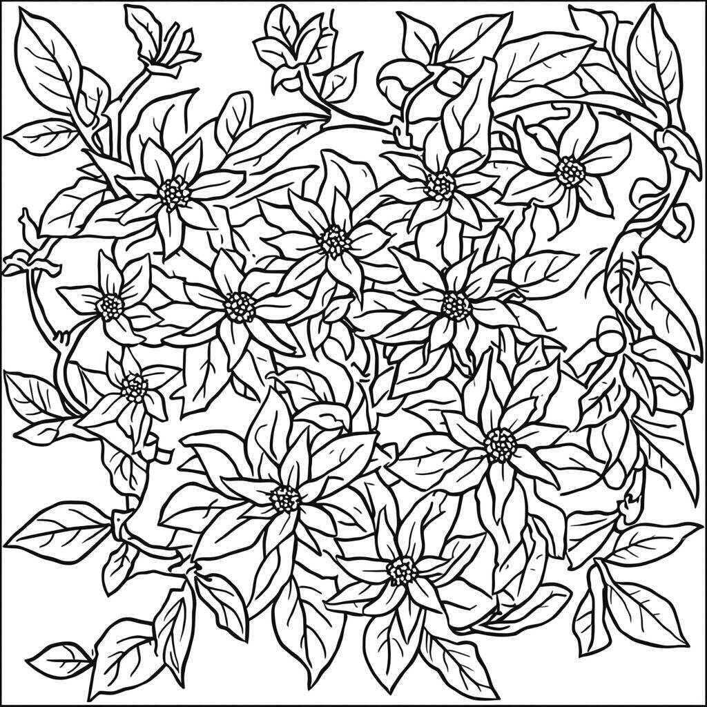 Desenho de flores de jasmim para colorir, com detalhes intrincados e folhas.