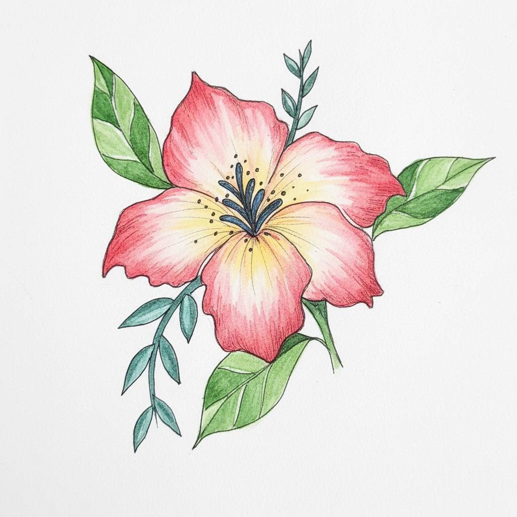 Desenho de uma flor de lírio em tons de rosa com folhas verdes