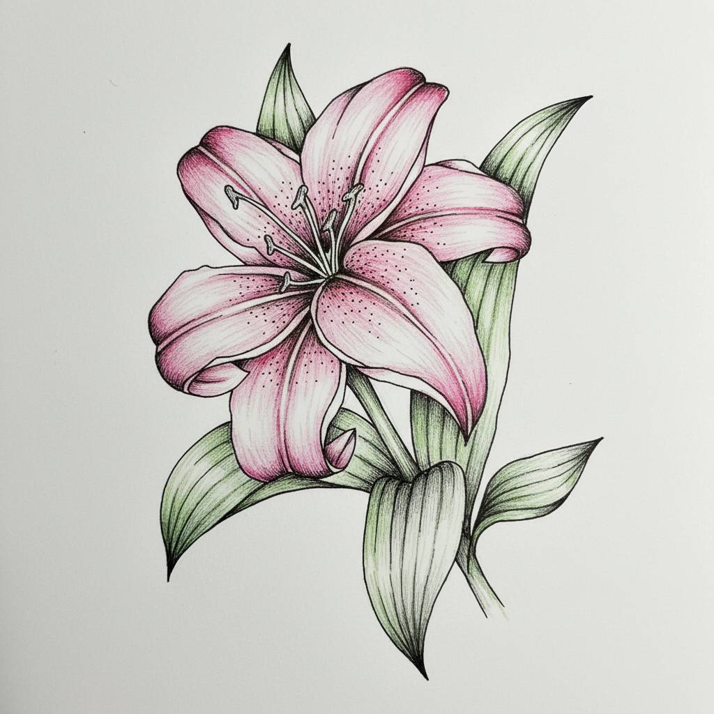 Desenho de uma flor de lírio com pétalas rosa e folhas verdes.