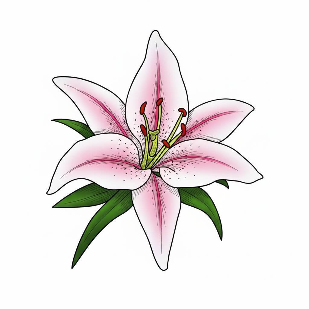 Desenho de uma flor de lírio rosa com folhas verdes.