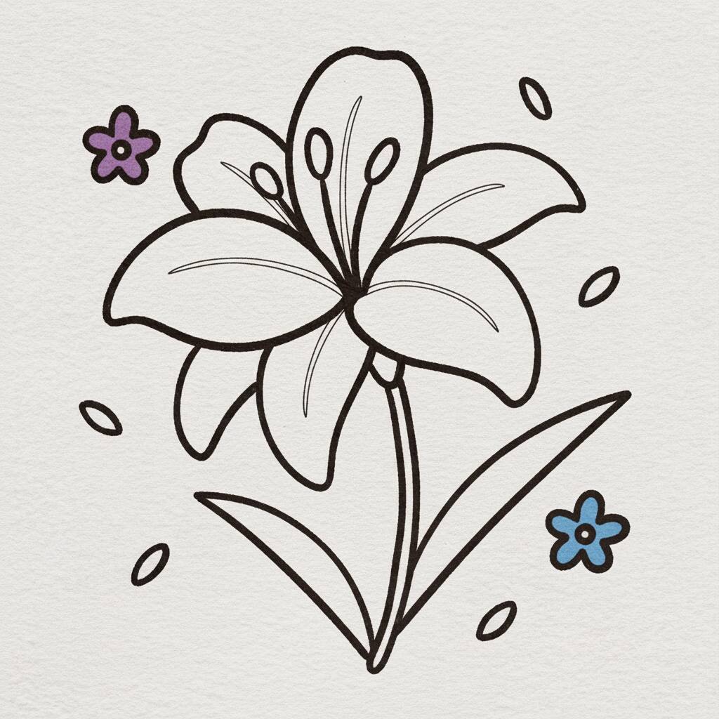 Desenho de uma flor de lírio com detalhes simples para colorir