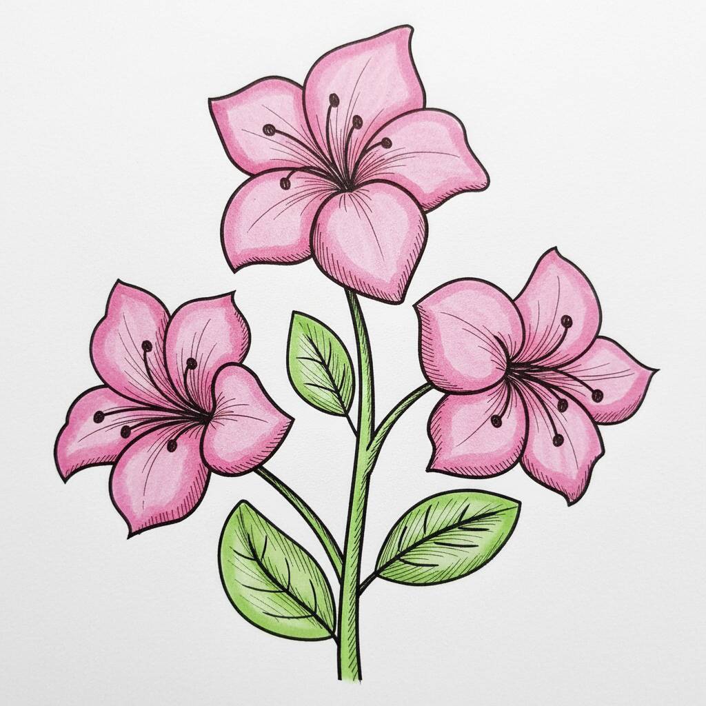 Desenho de flores de lírio rosa com folhas verdes para colorir.