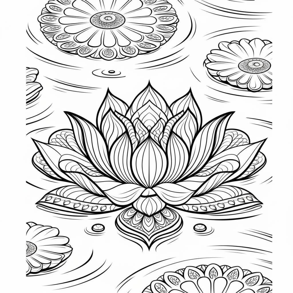 Desenho de uma flor de lótus em um lago para colorir.