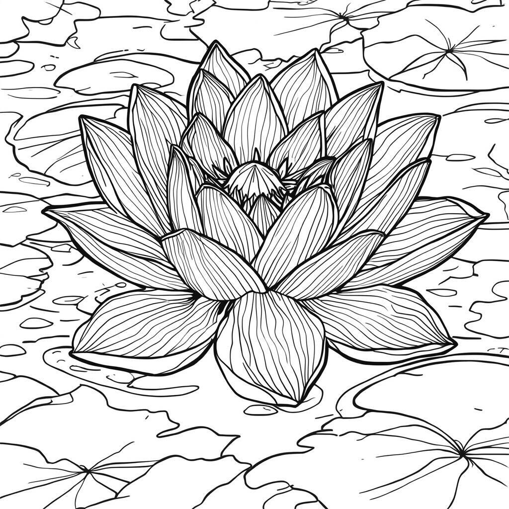 Desenho em preto e branco de uma flor de lótus sobre folhas de lírio para colorir.