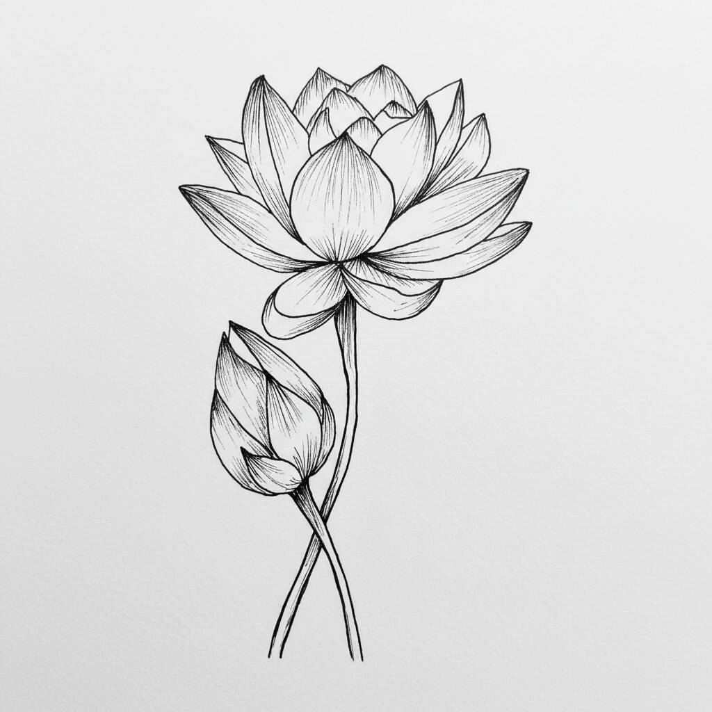 Desenho em preto e branco de uma flor de lótus com botão