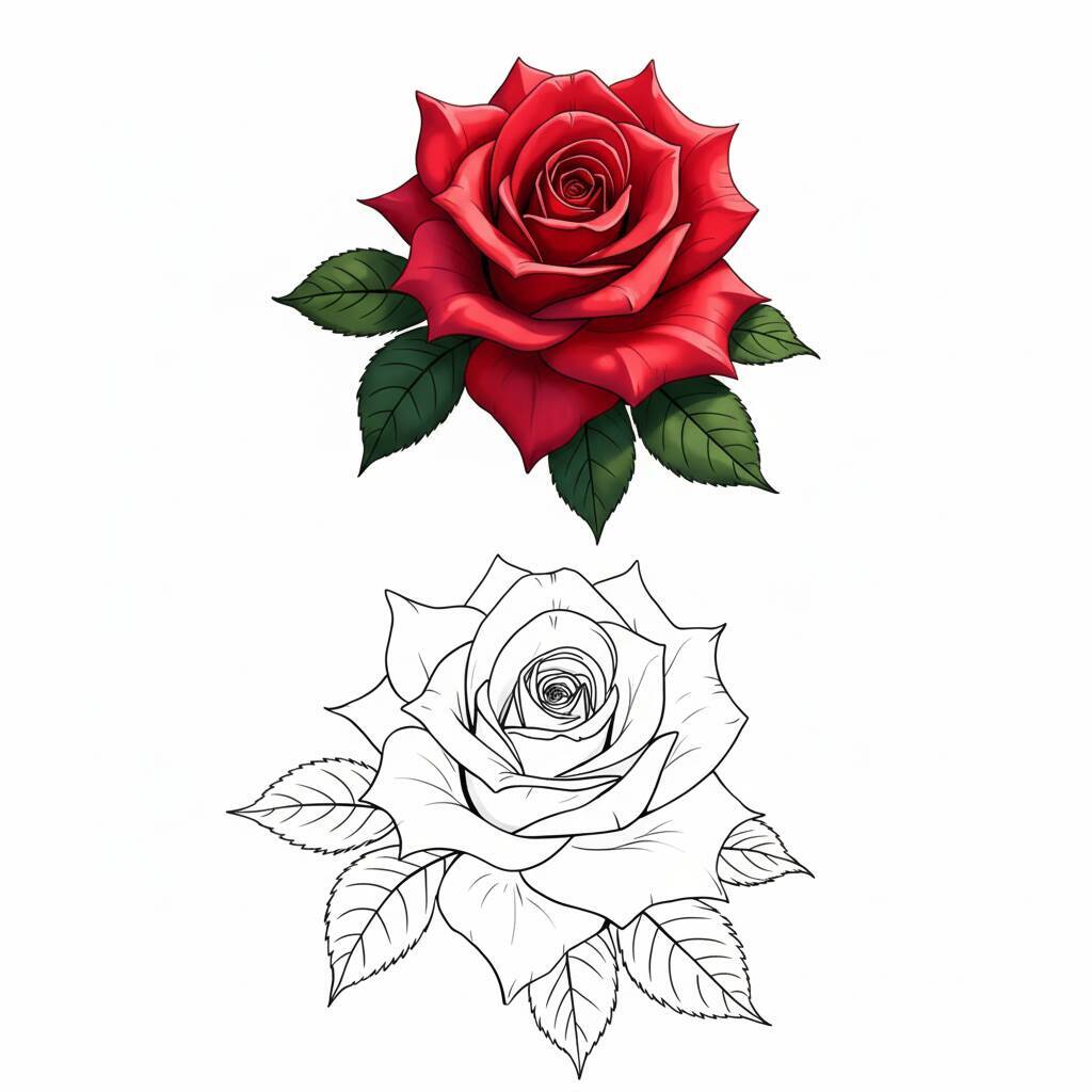Desenho em preto e branco de uma rosa com folhas para colorir