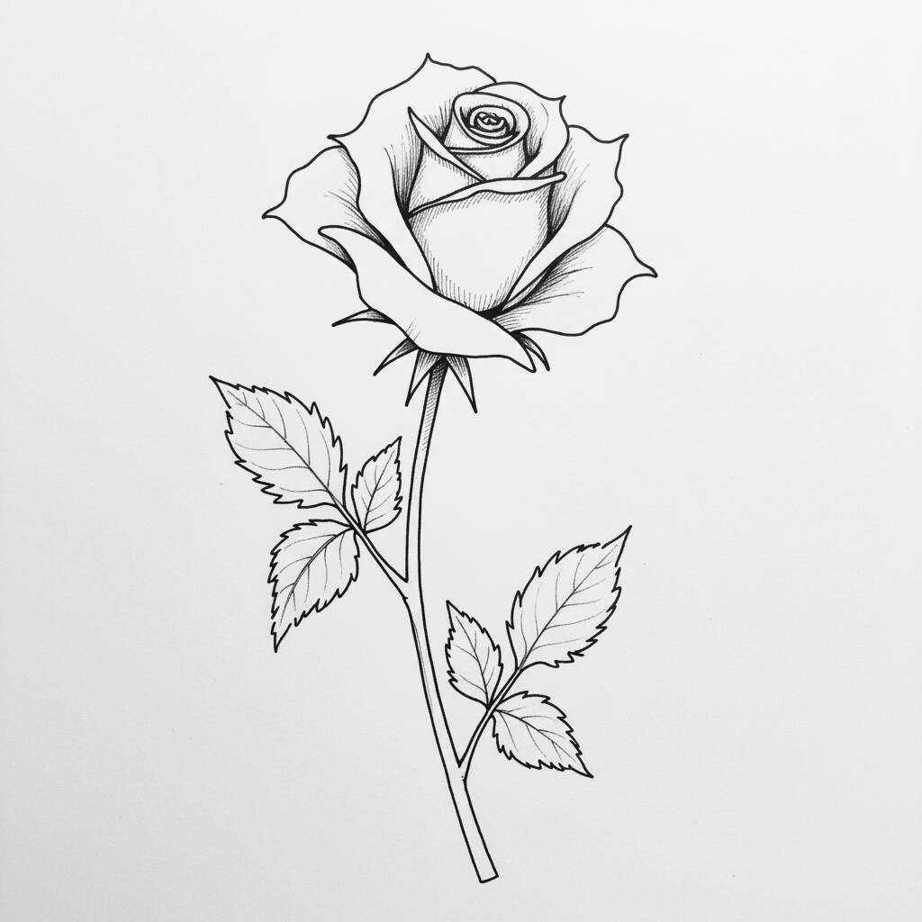 Desenho de uma flor de rosa em preto e branco para colorir