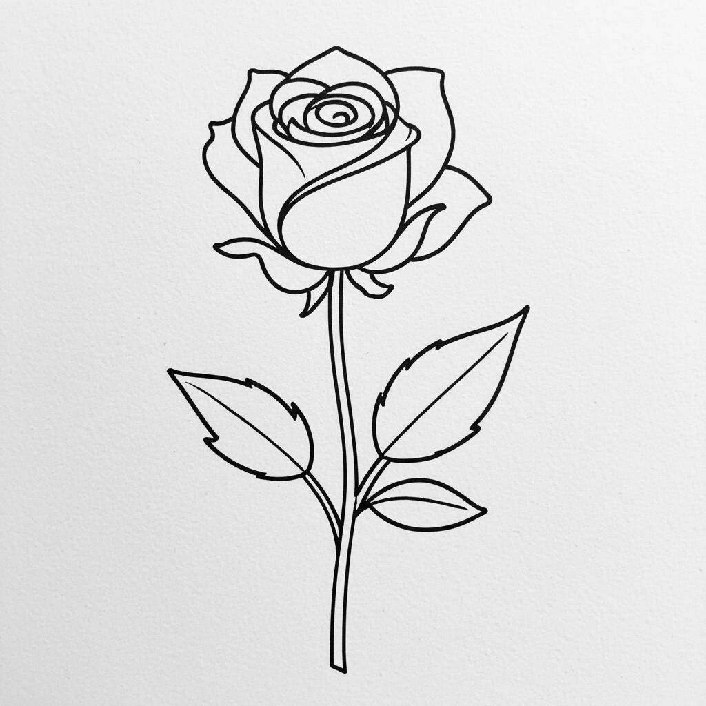 Desenho em linha de uma flor de rosa para colorir