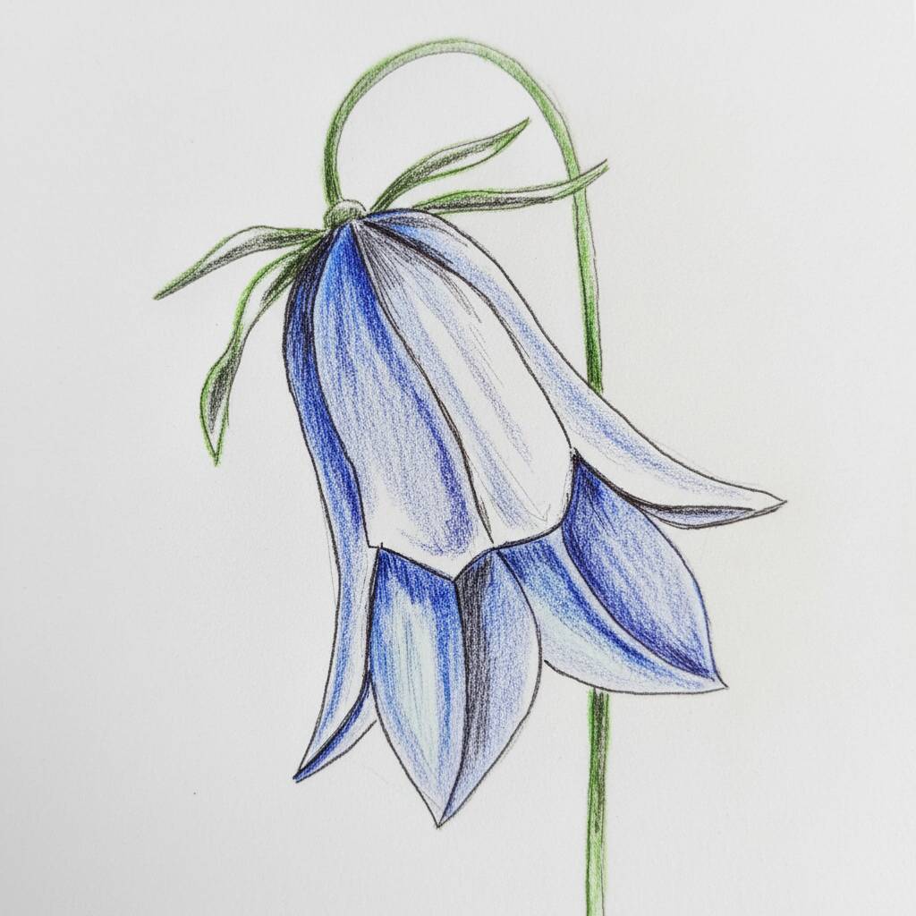 Desenho de uma flor de sino azul com detalhes em verde