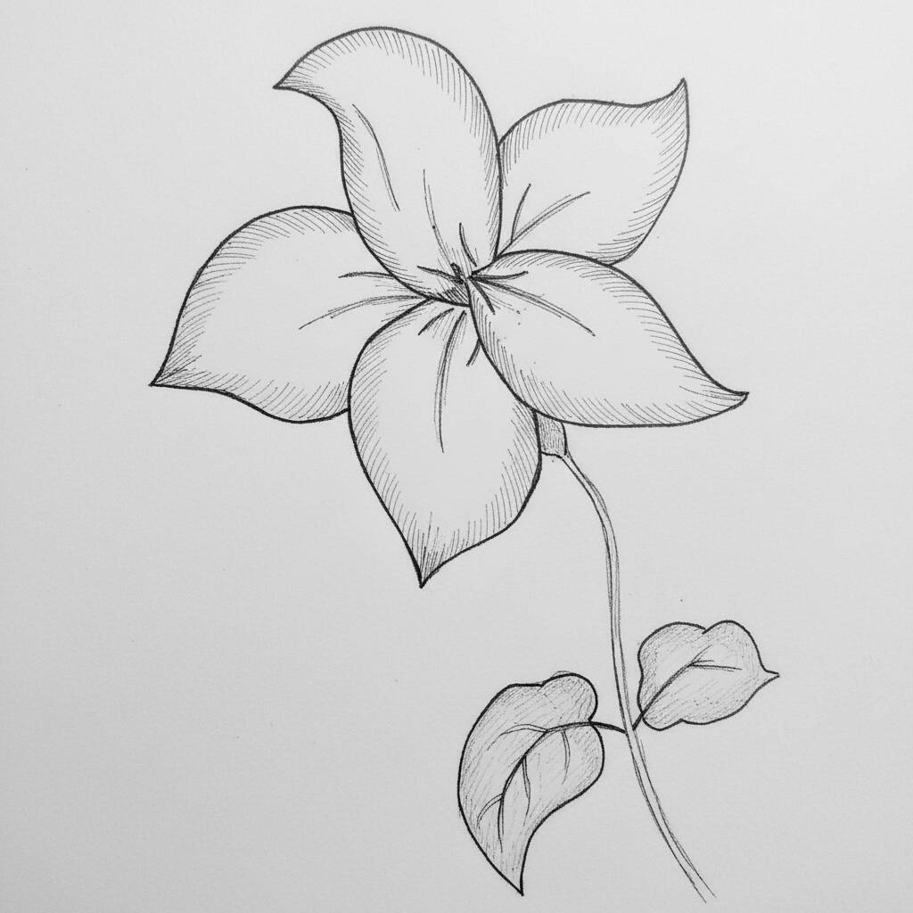 Desenho de uma flor com três pétalas e folhas para colorir