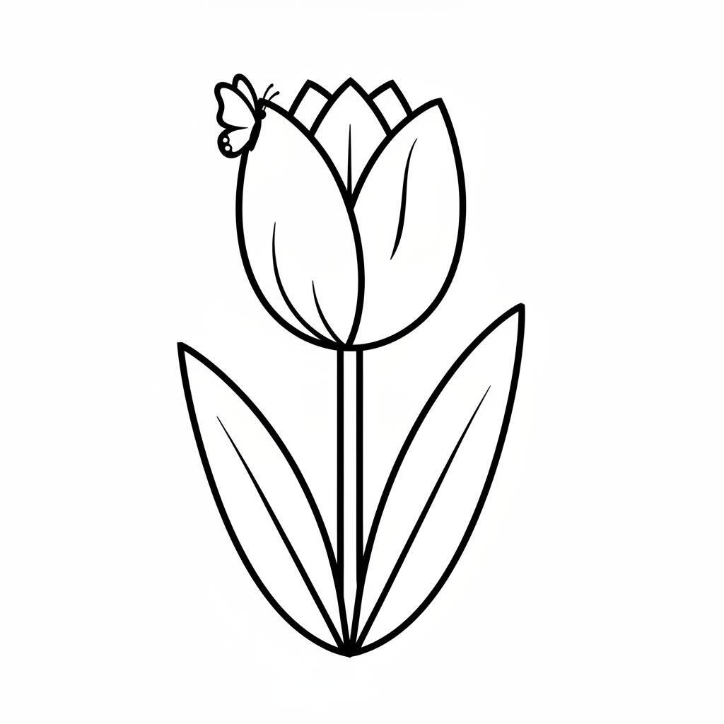 Desenho de uma flor de tulipa com uma borboleta para colorir.