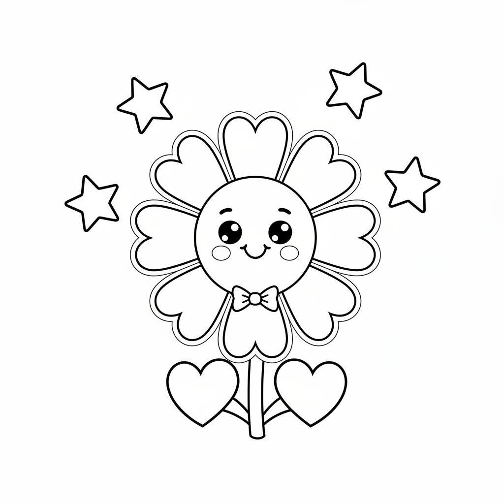 Desenho de uma flor sorridente com corações e estrelas ao redor para colorir.