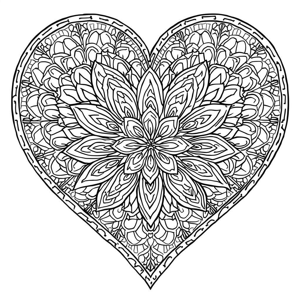 Desenho de uma flor em forma de coração para colorir.