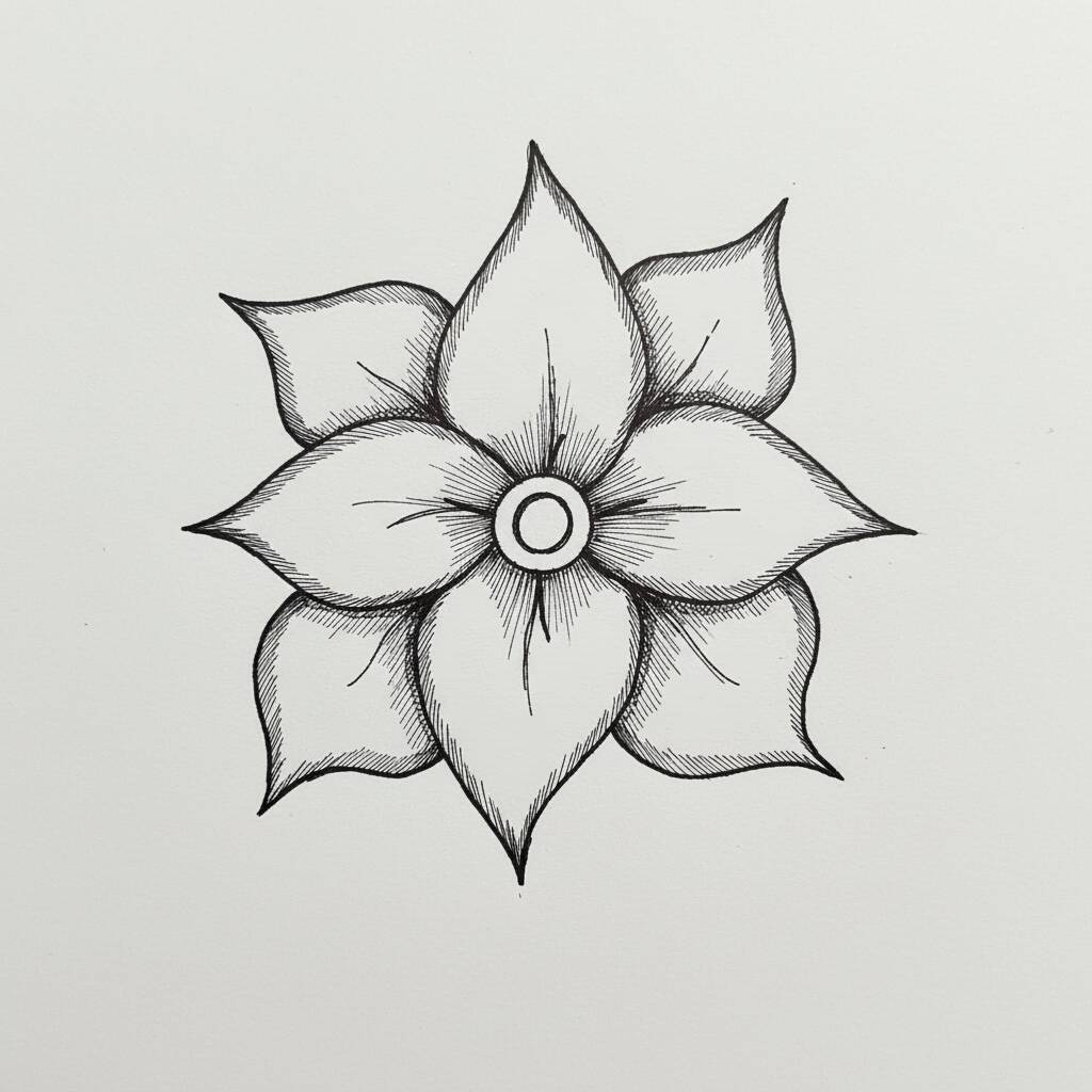 Desenho de uma flor estilizada com pétalas largas e um centro circular.