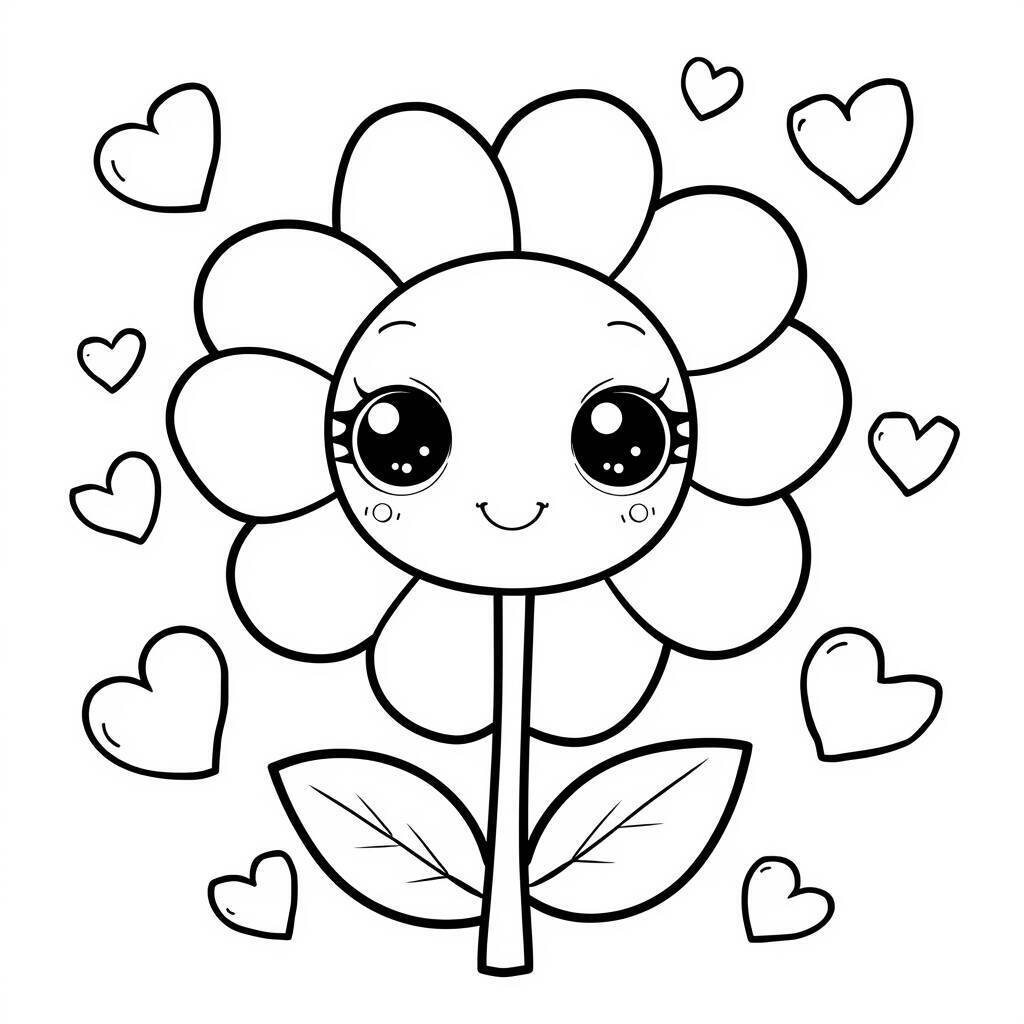 Desenho de uma flor kawaii com rostinho feliz e corações ao redor para colorir.