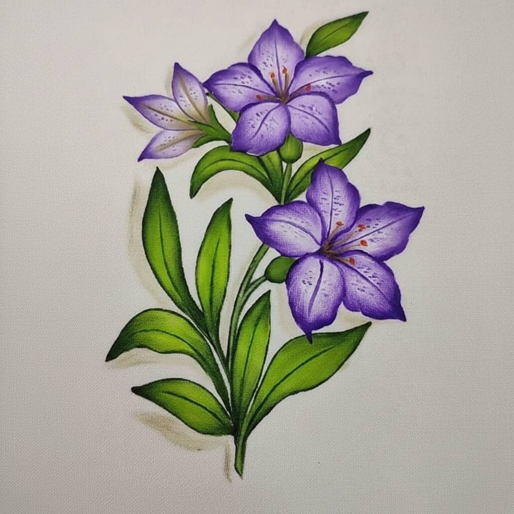 Desenho de flores roxas com folhas verdes para colorir