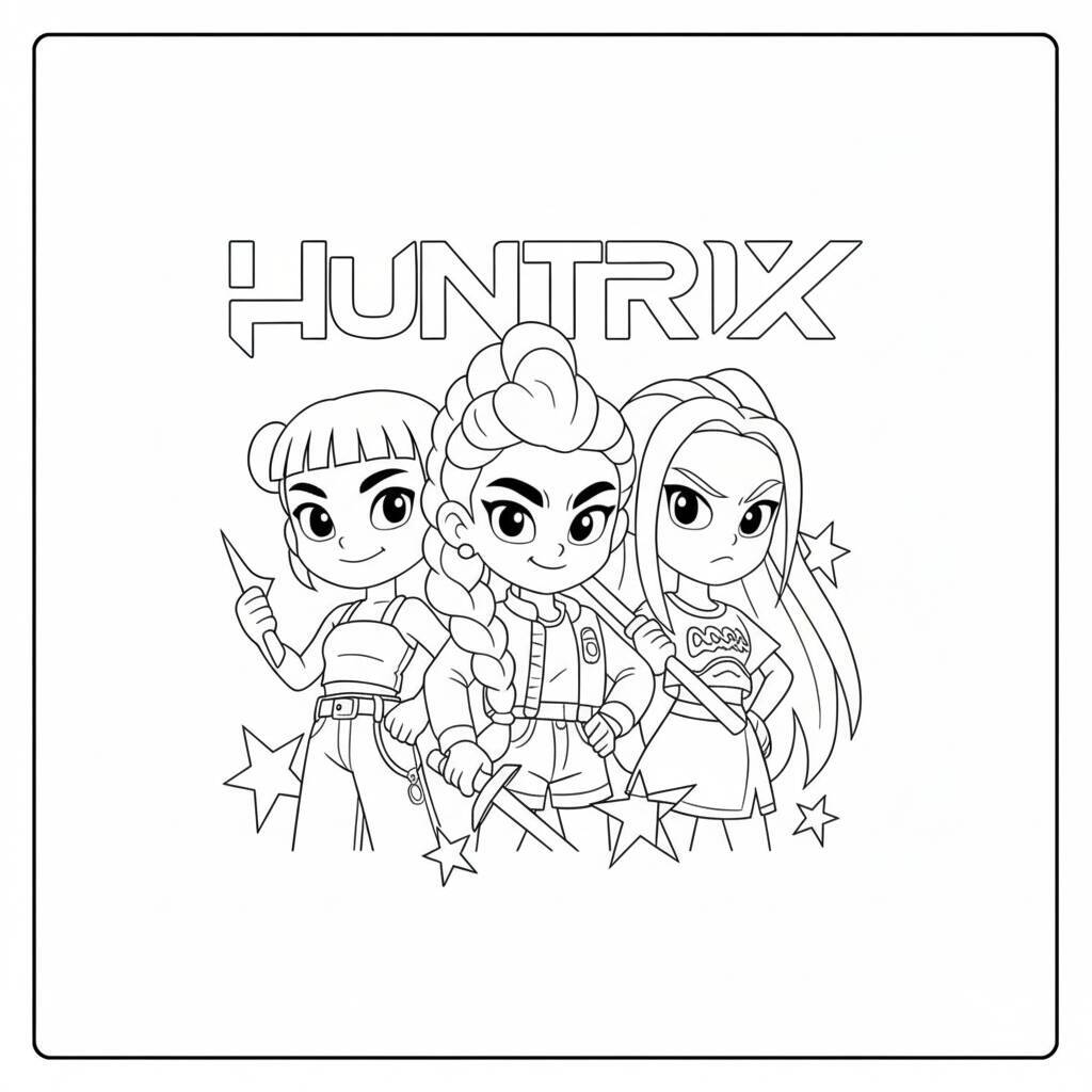 Desenho em preto e branco das personagens do Huntrix, prontas para colorir.