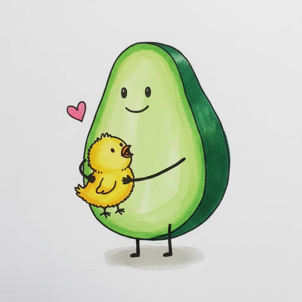Desenho de um abacate sorridente segurando um pintinho amarelo com um coração.