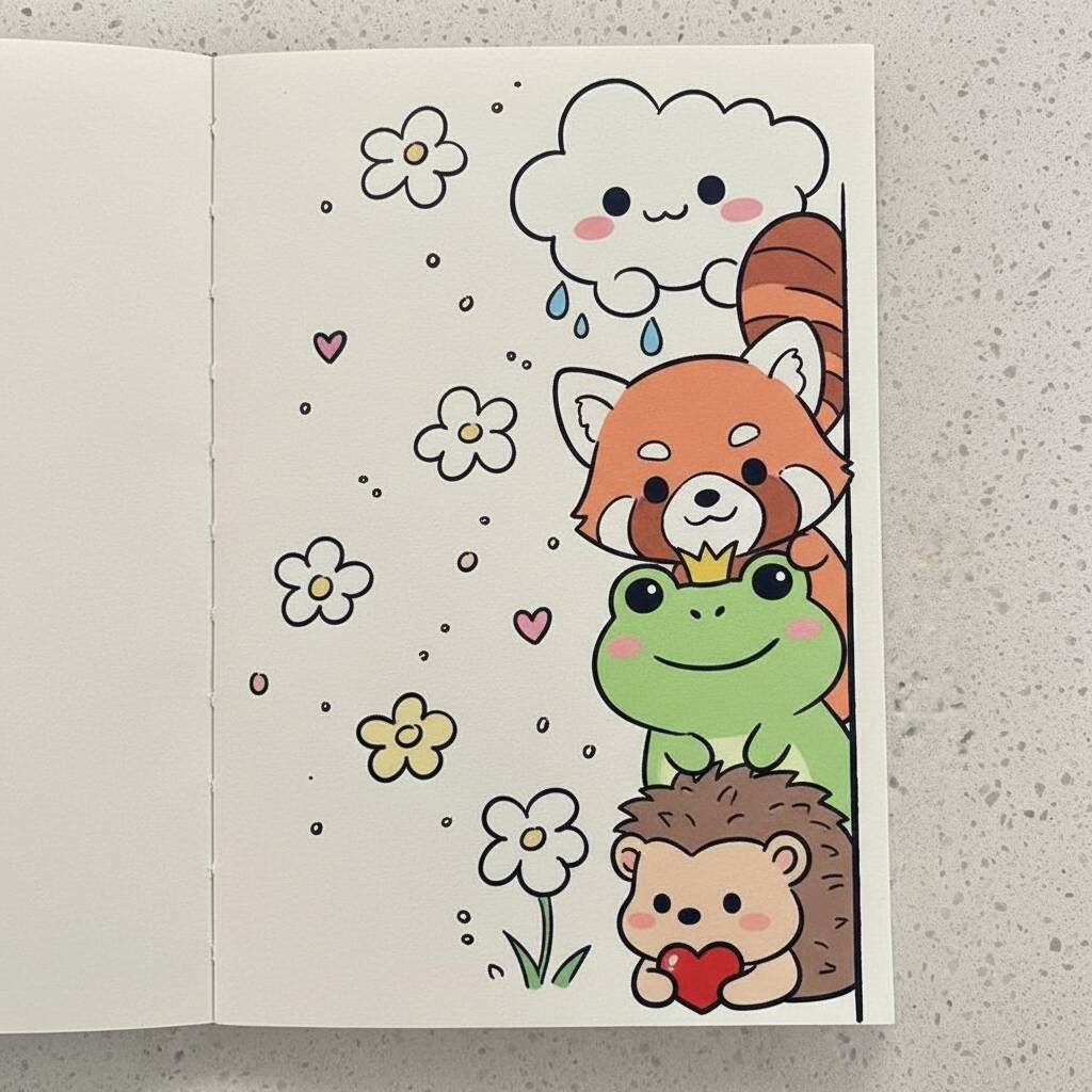 Desenho de animais fofos como um panda vermelho, um sapo e um ouriço rodeados de flores.