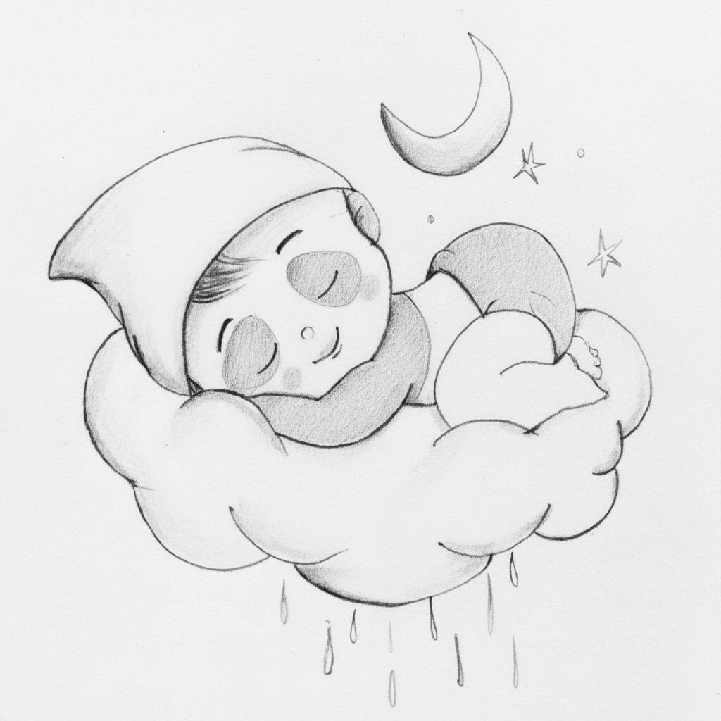 Desenho de um bebê dormindo em uma nuvem com estrelas e uma lua.