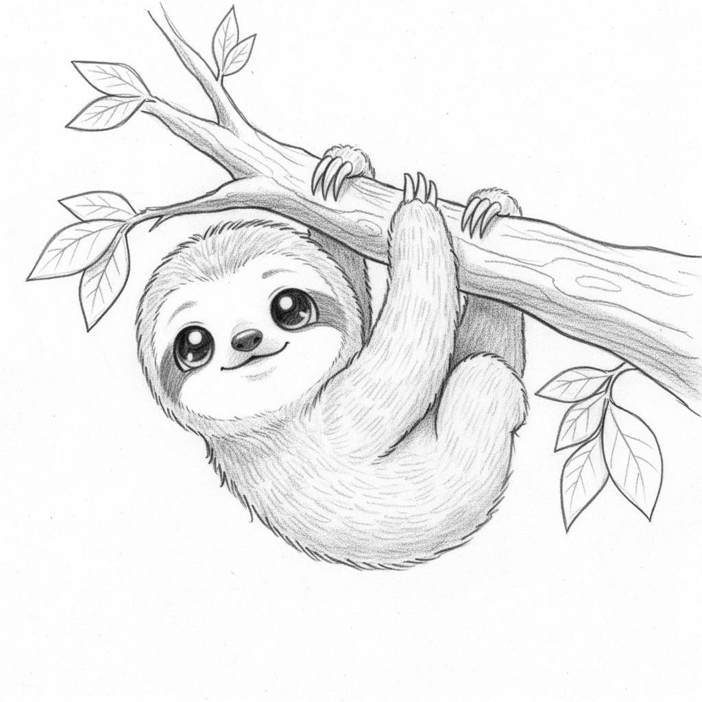 Desenho de um bicho-preguiça sorridente pendurado em um galho