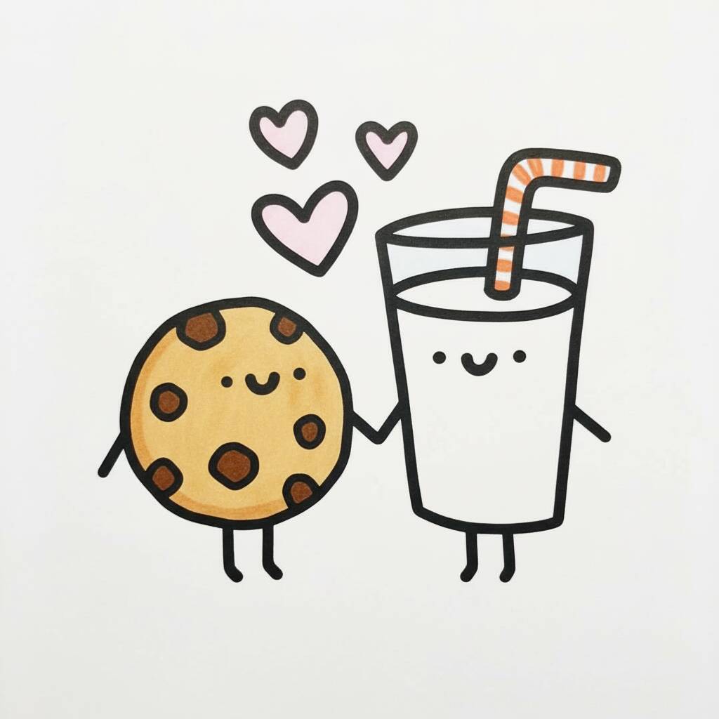 Desenho de um biscoito e um copo de leite com rostos sorridentes e corações ao redor.