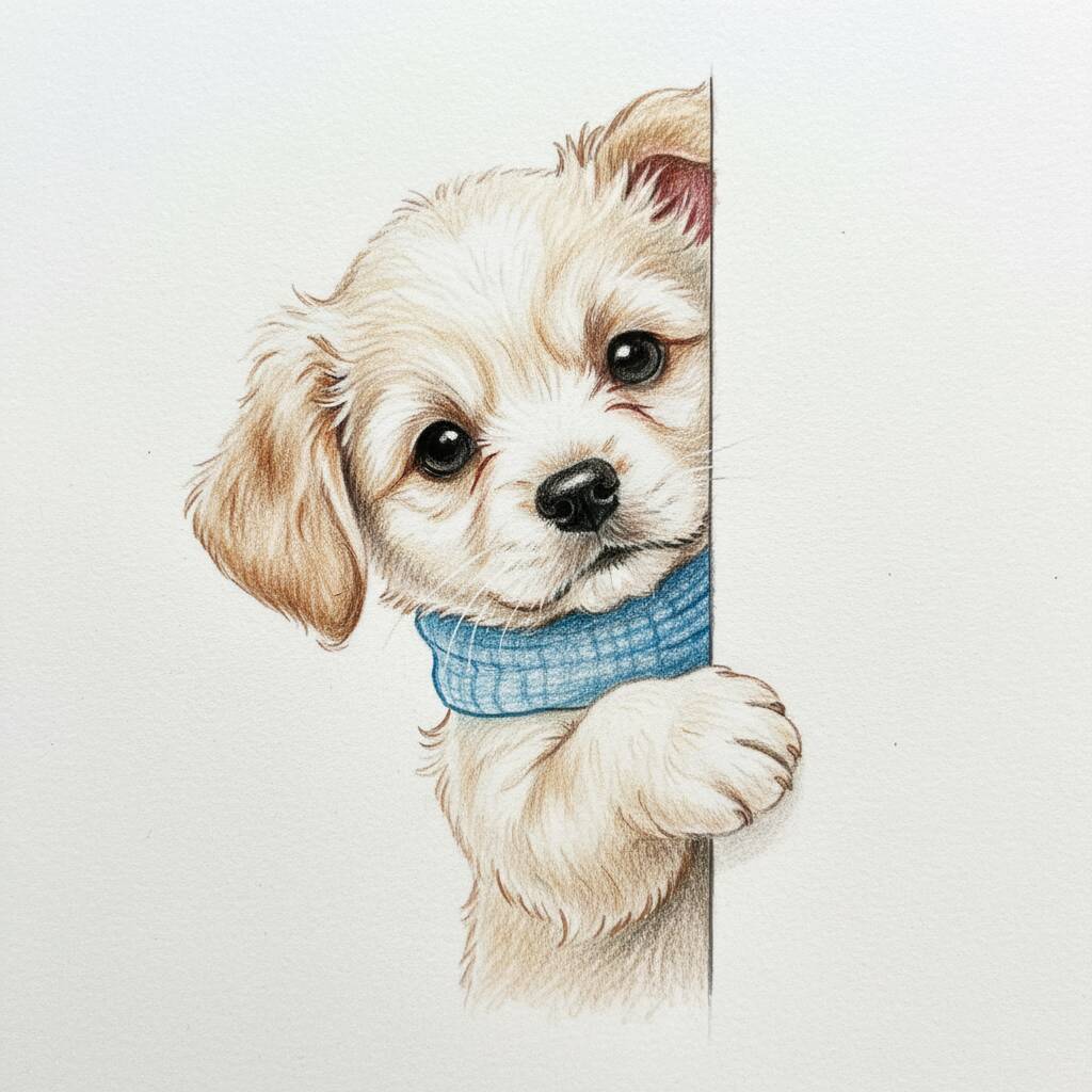 Cachorrinho fofo olhando para o lado com um lenço azul