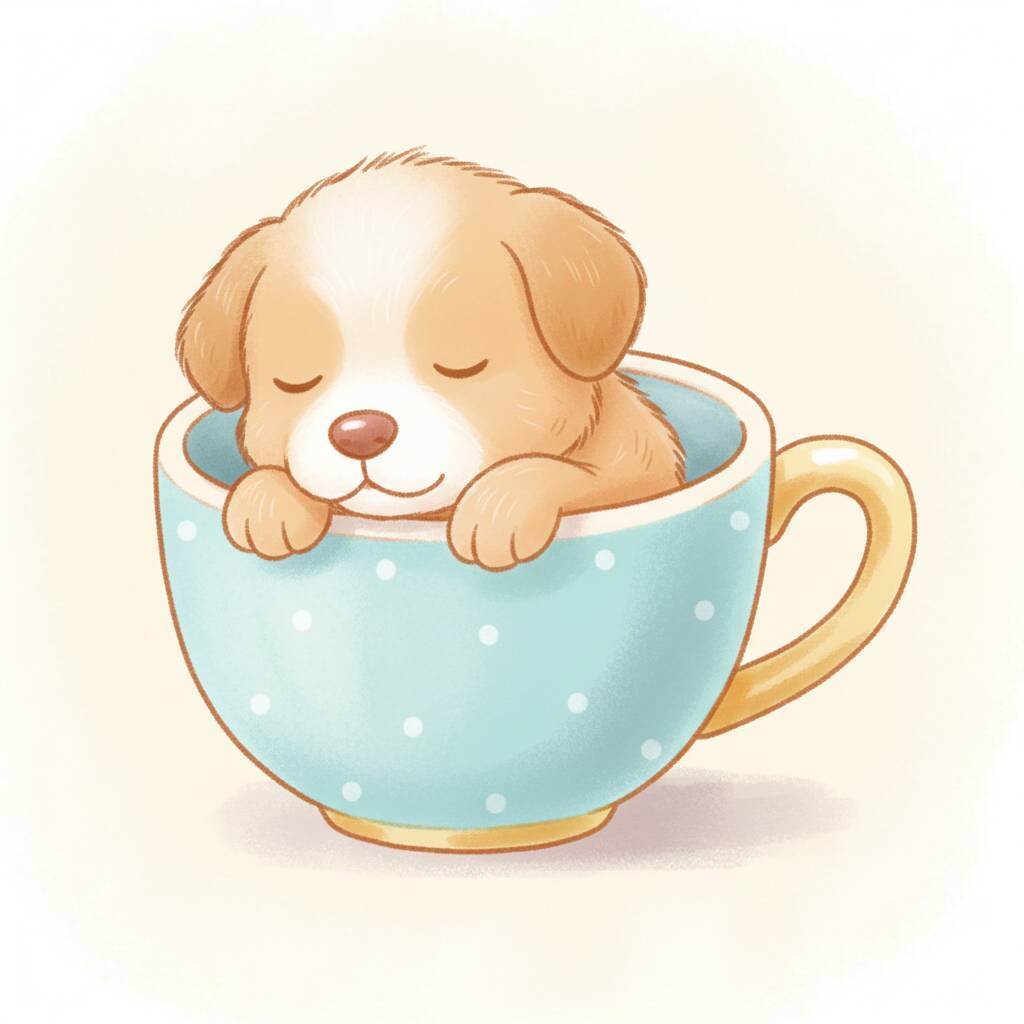 Cachorrinho fofo dormindo dentro de uma caneca azul com bolinhas brancas.