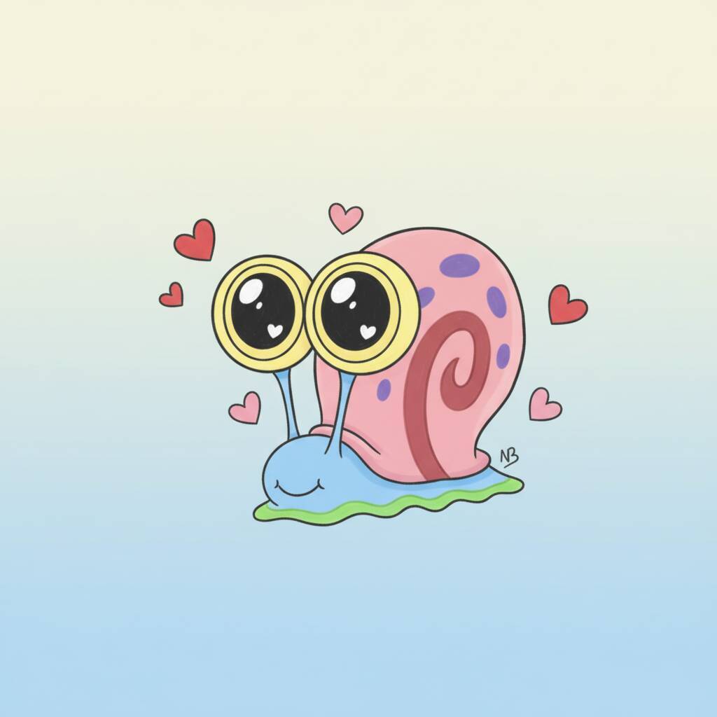 Desenho de um caracol fofo com olhos grandes e corações ao redor