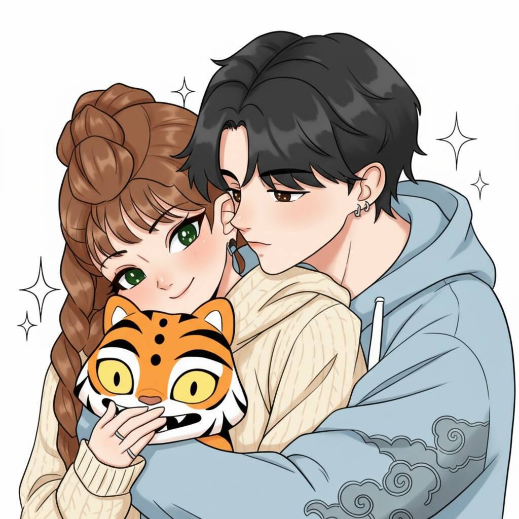Casal sorrindo com tigre de pelúcia em um desenho fofo.