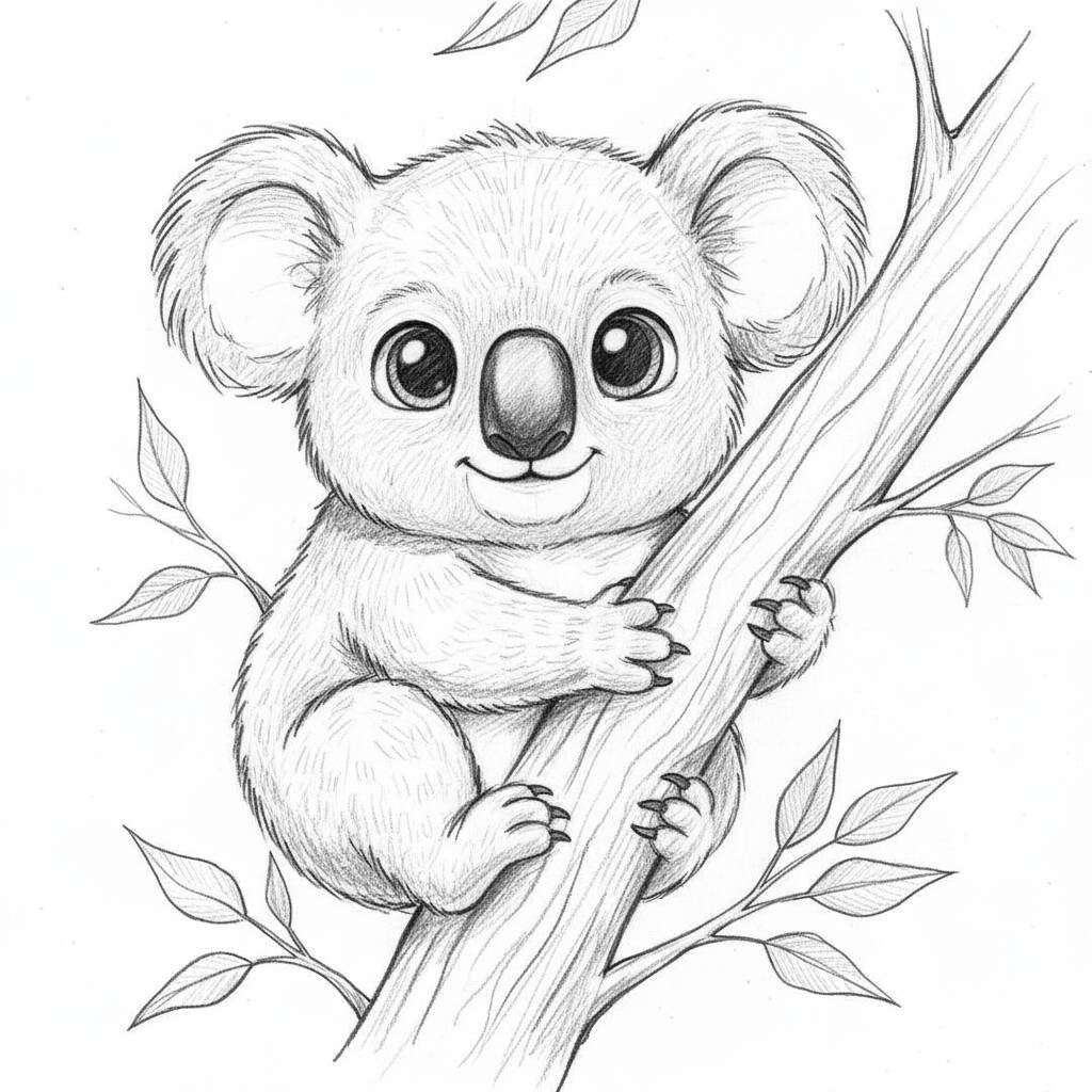 Desenho de um coala sorridente em uma árvore