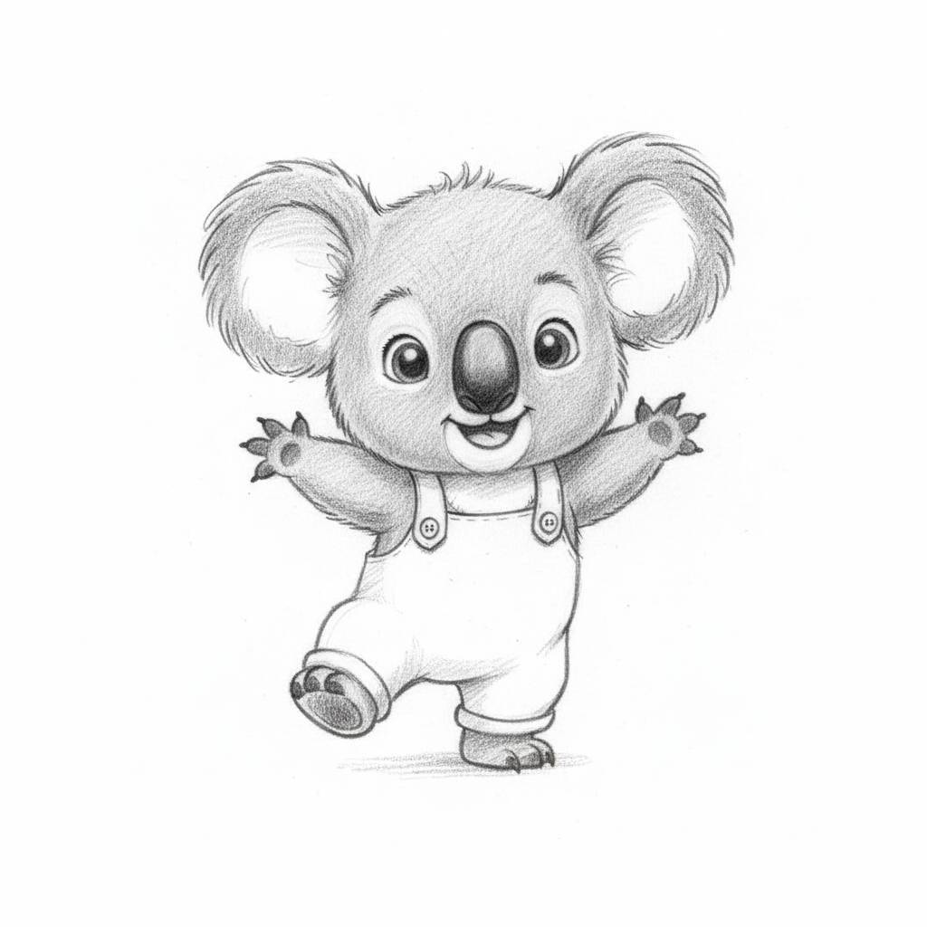Desenho de um coala fofo usando macacão, ideal para colorir.