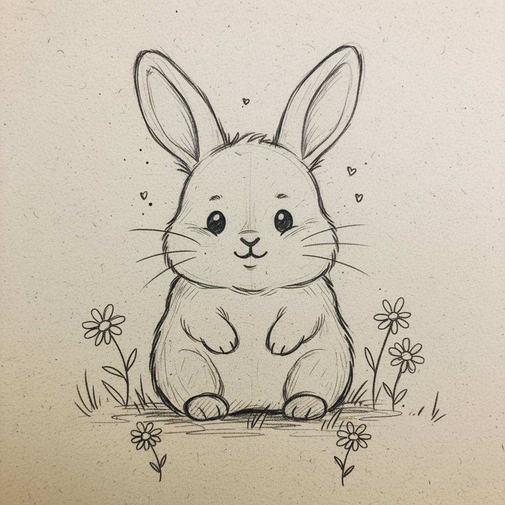 Desenho de um coelhinho fofo sentado entre flores