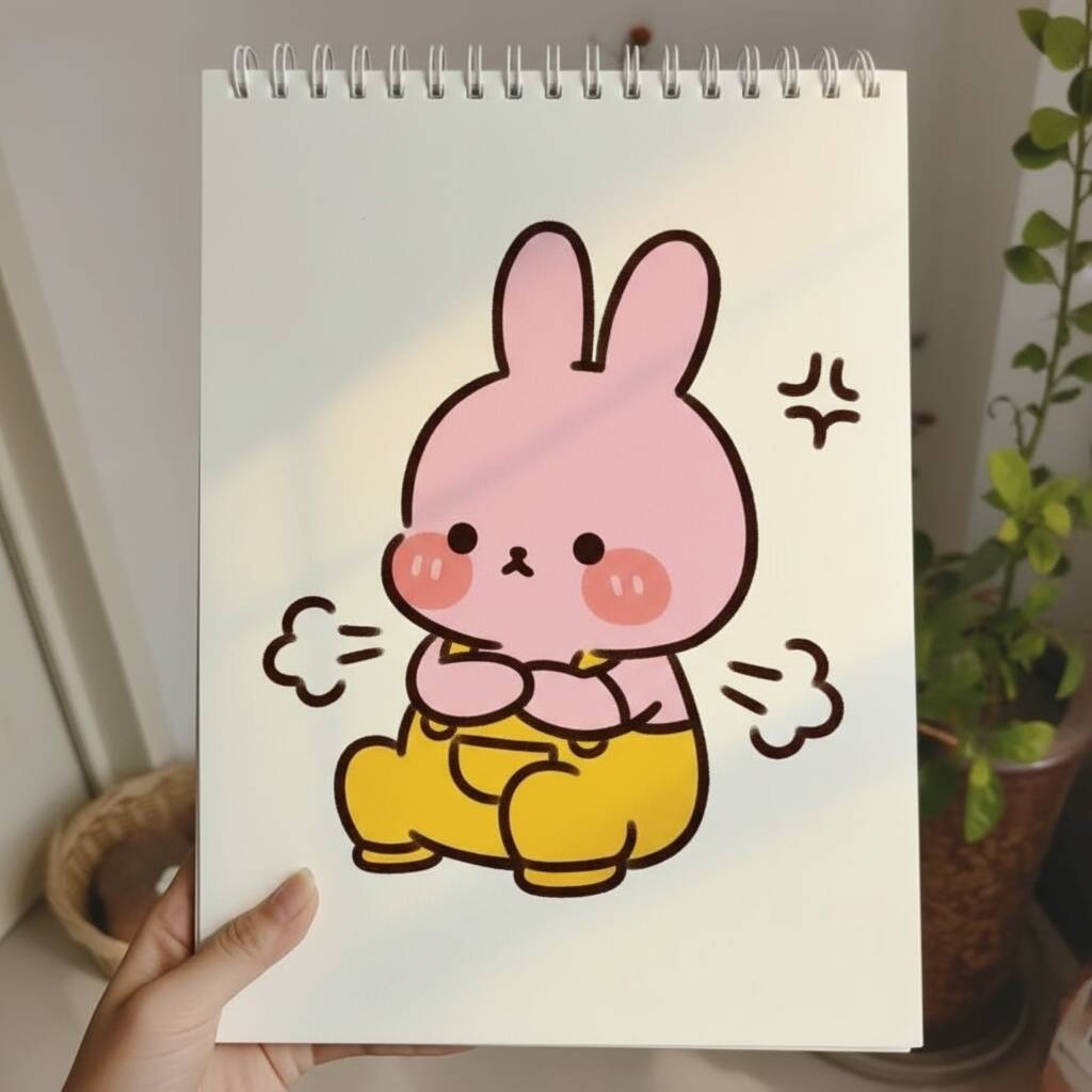 Coelhinho rosa sentado com macacão amarelo e expressão fofa