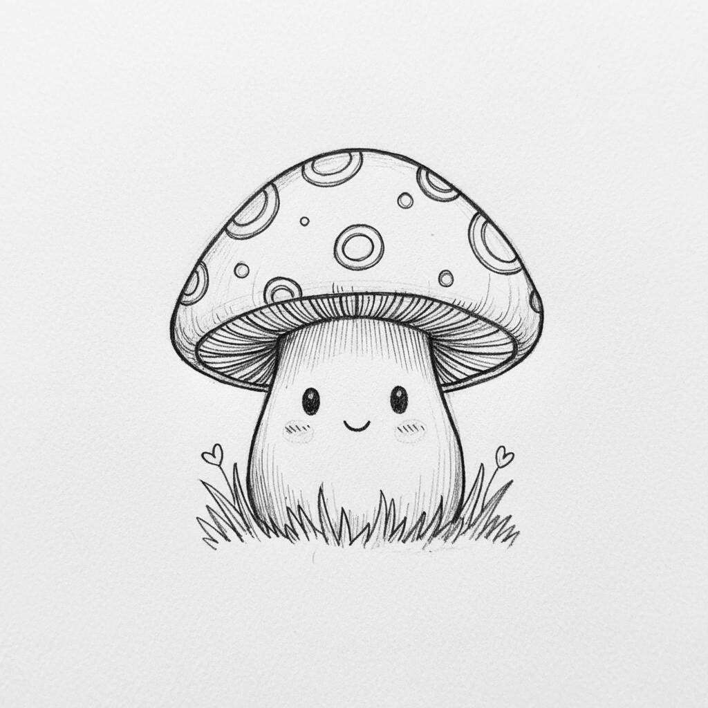 Desenho de um cogumelo com rosto sorridente e detalhes fofos