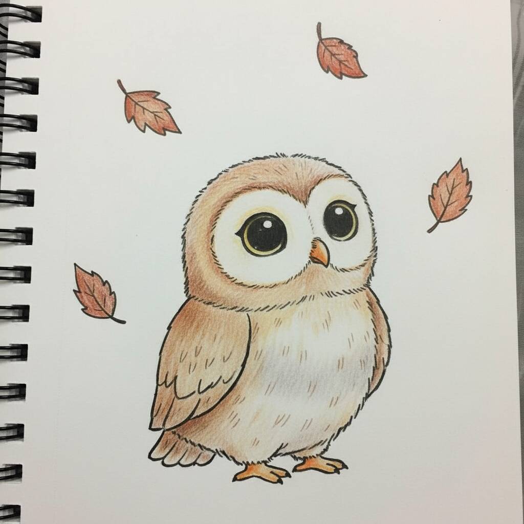 Desenho de uma coruja fofa com folhas caindo ao seu redor.