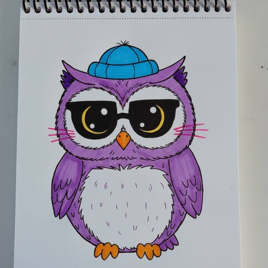 Coruja roxa usando um gorro azul e óculos escuros, pronta para ser colorida.