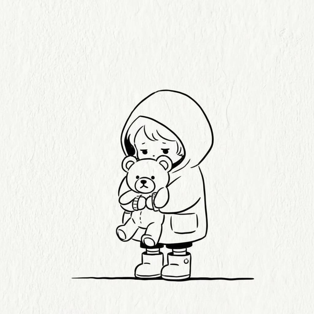 Criança segurando um urso de pelúcia em um desenho fofo