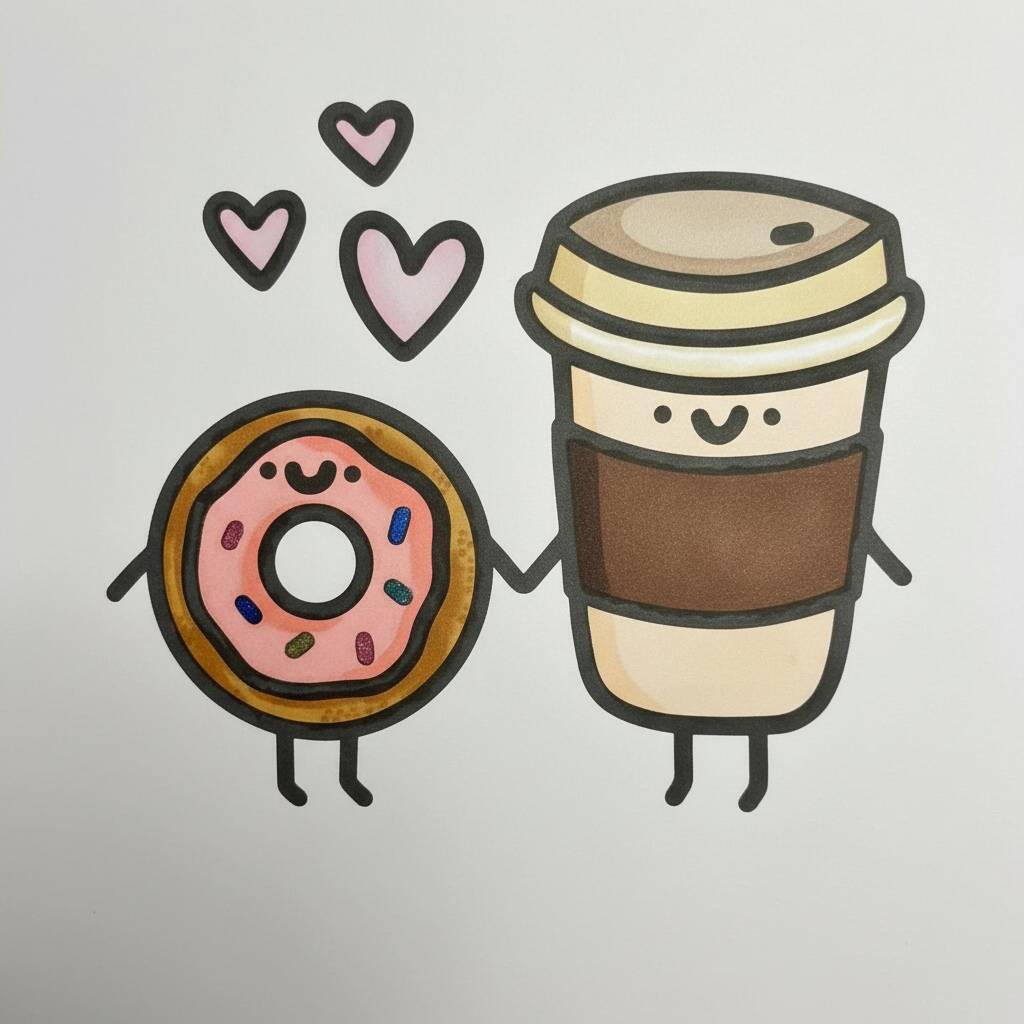 Desenho de um donut e um copo de café sorridentes segurando as mãos