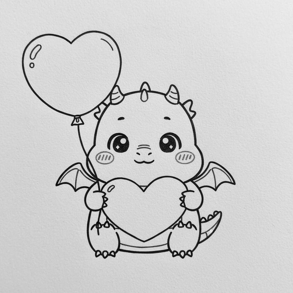 Desenho de um dragão fofo segurando um coração e um balão