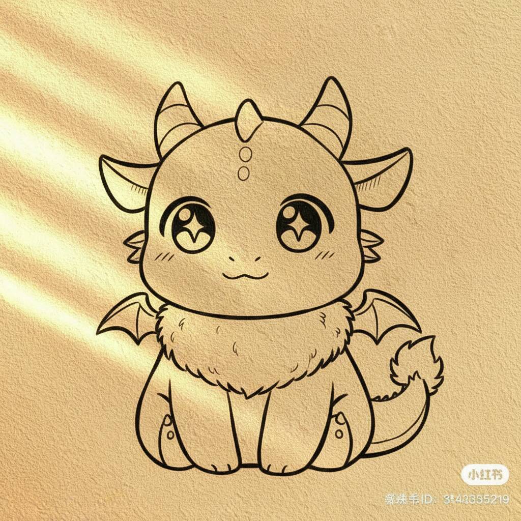 Desenho de um dragão fofo com olhos grandes e asas, ideal para colorir.