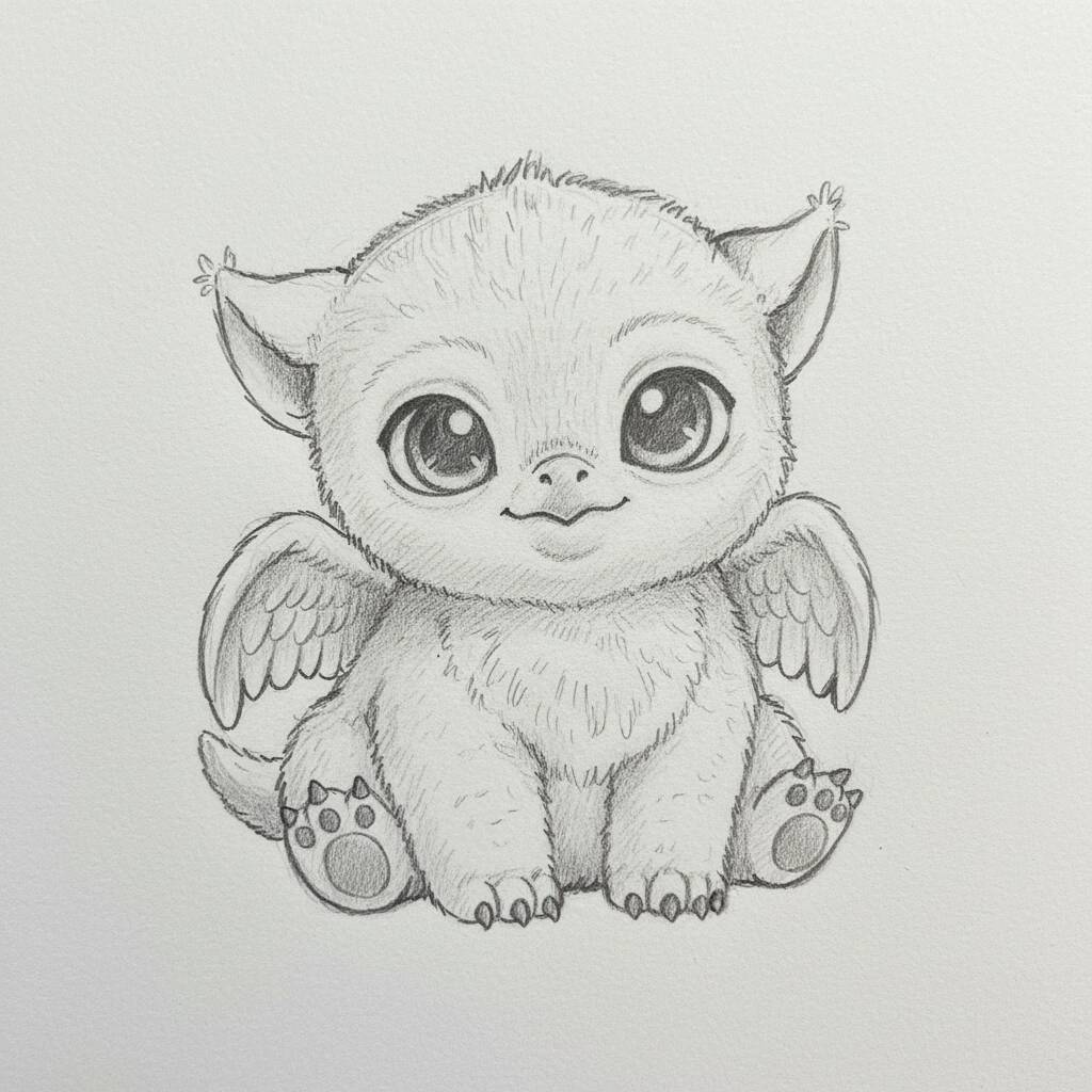Desenho de um dragãozinho fofo com asas e expressão amigável.