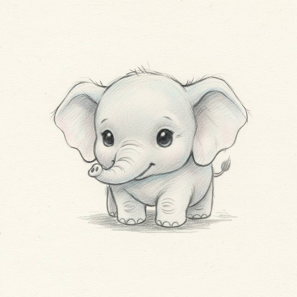 Desenho de um elefante fofo com grandes olhos e orelhas grandes
