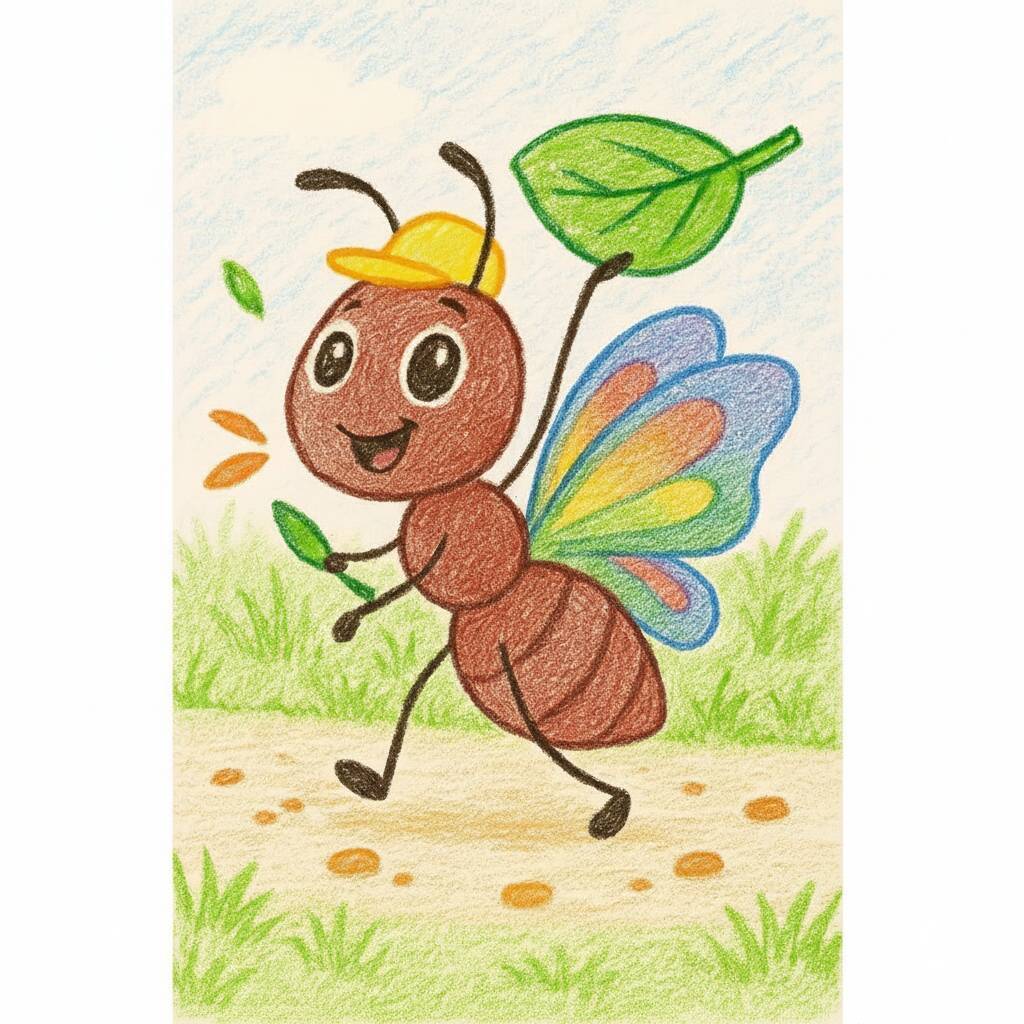 Desenho de uma formiga feliz com asas coloridas e chapéu, carregando folhas.