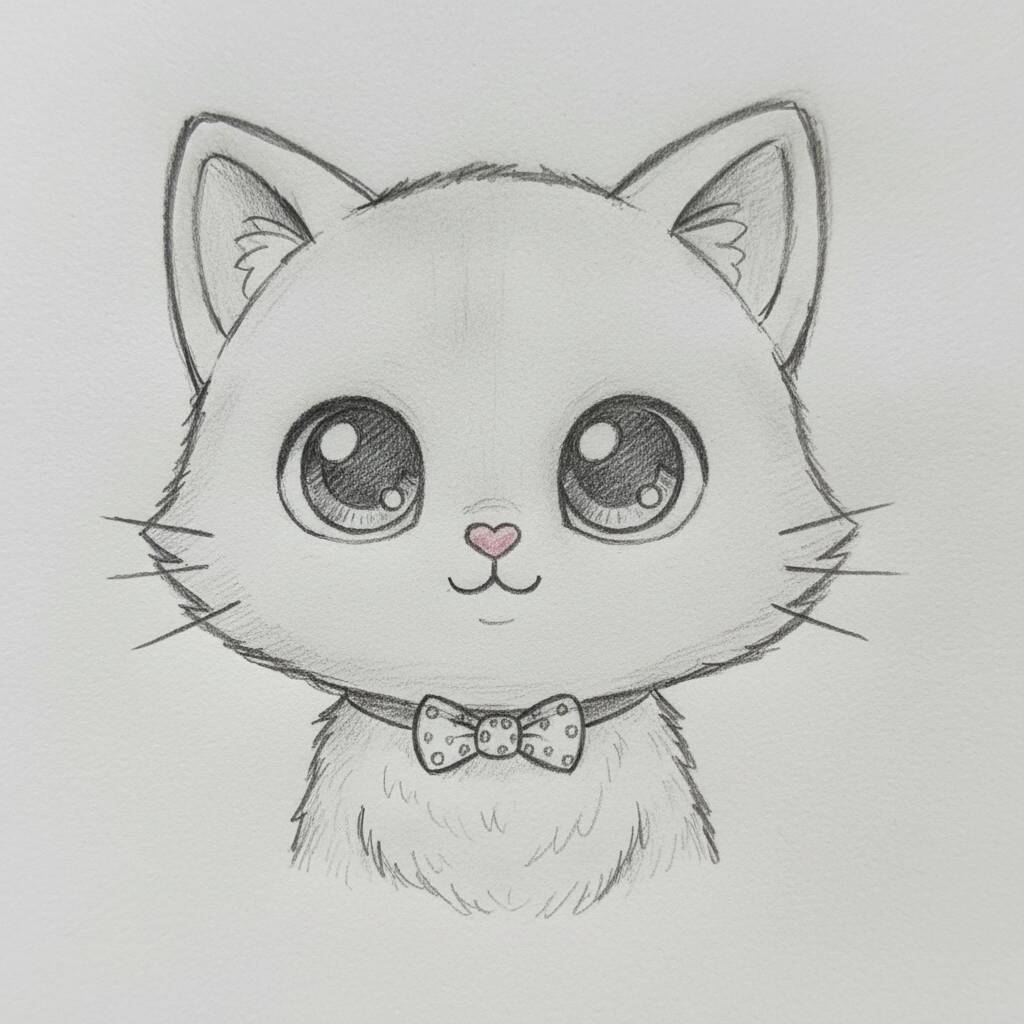 Desenho de um gatinho fofo com olhos grandes e um laço